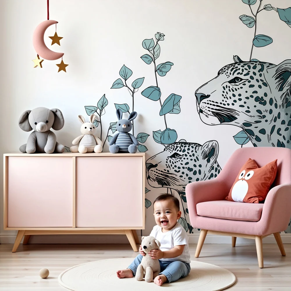 Kids room wallpaper | Majestic leopards and delicate foliage