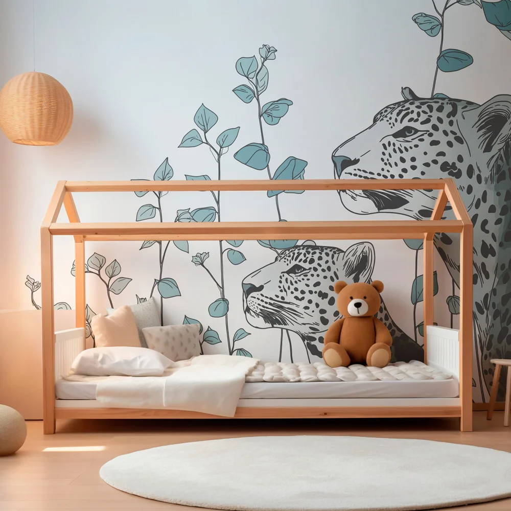 Kids room wallpaper | Majestic leopards and delicate foliage