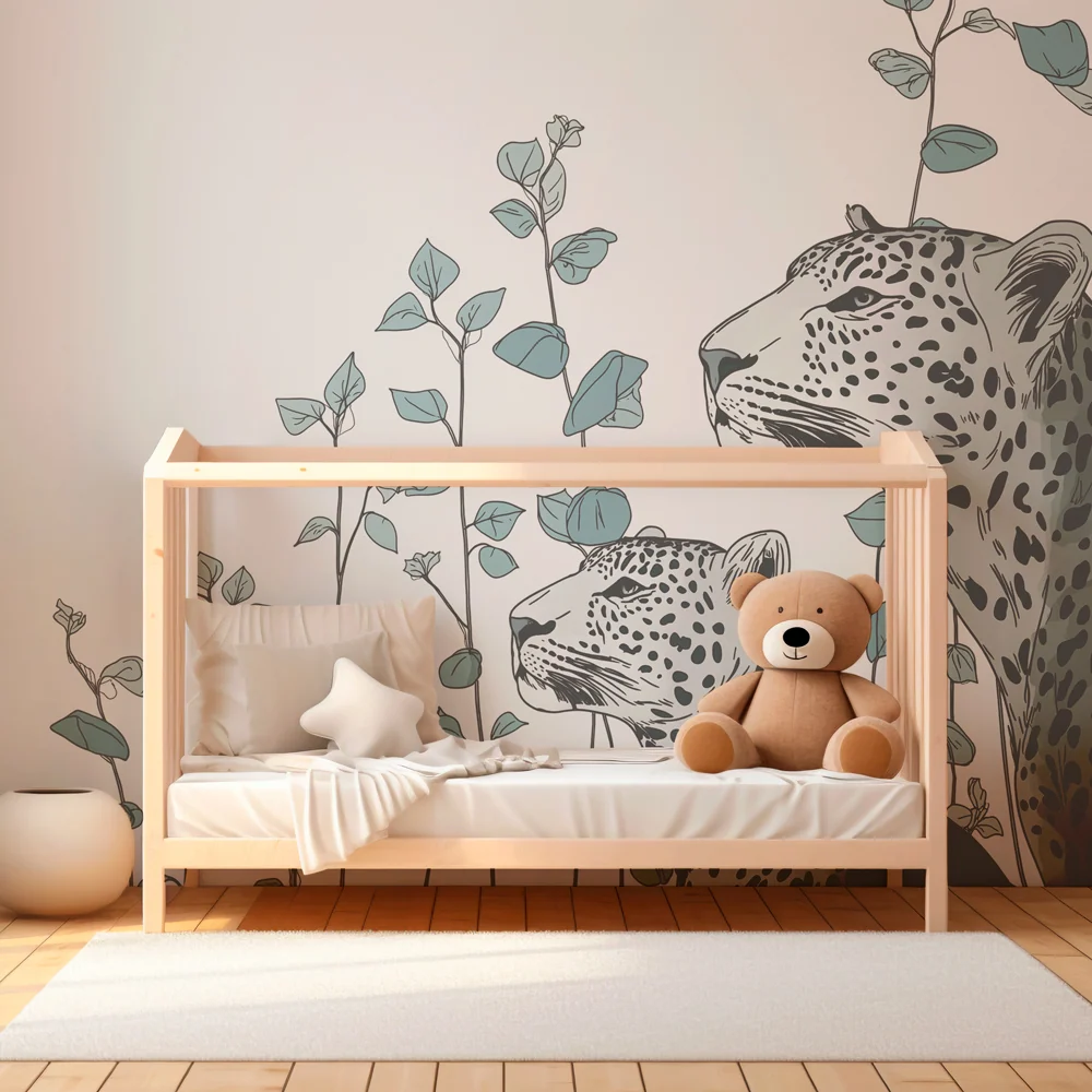 Kids room wallpaper | Majestic leopards and delicate foliage