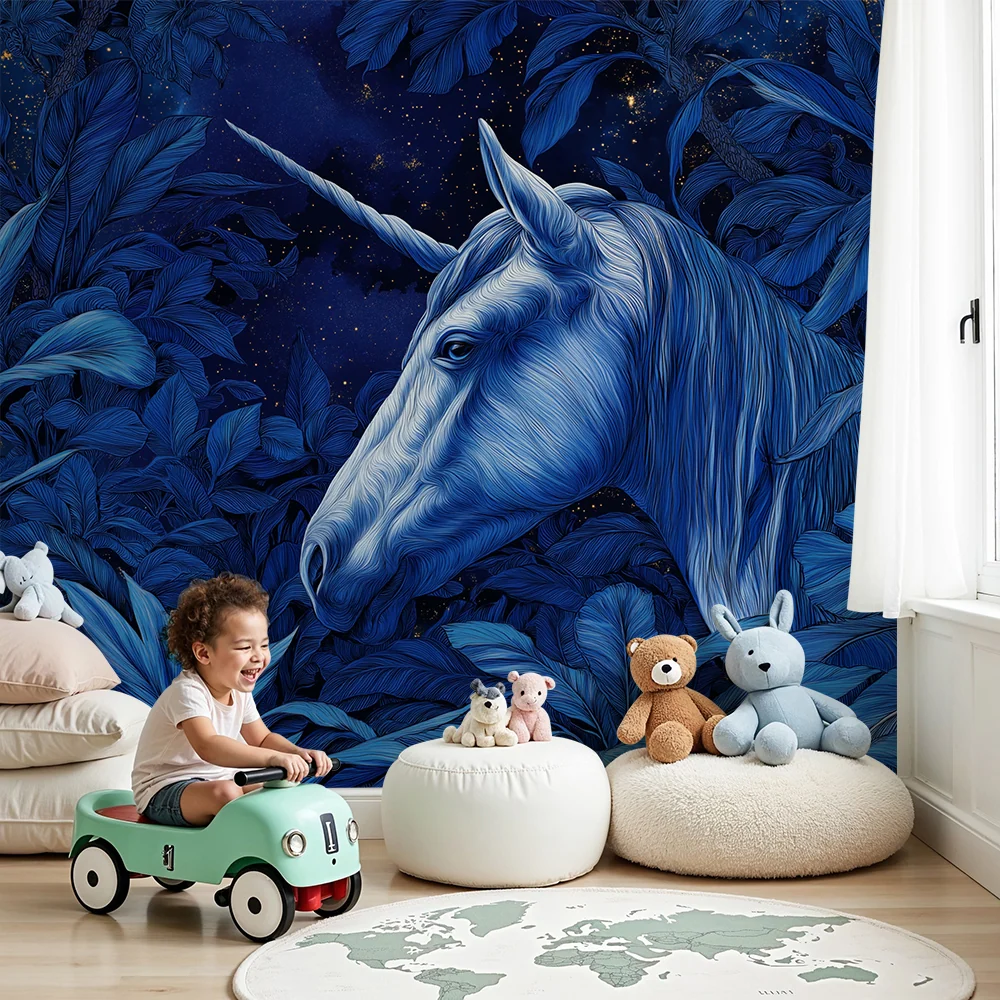 Kids room wallpaper | Majestic unicorn middle starry jungle