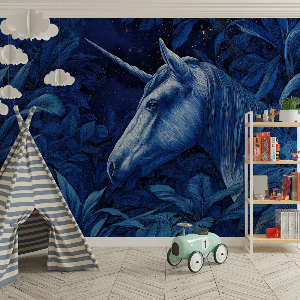 Kids room wallpaper | Majestic unicorn middle starry jungle