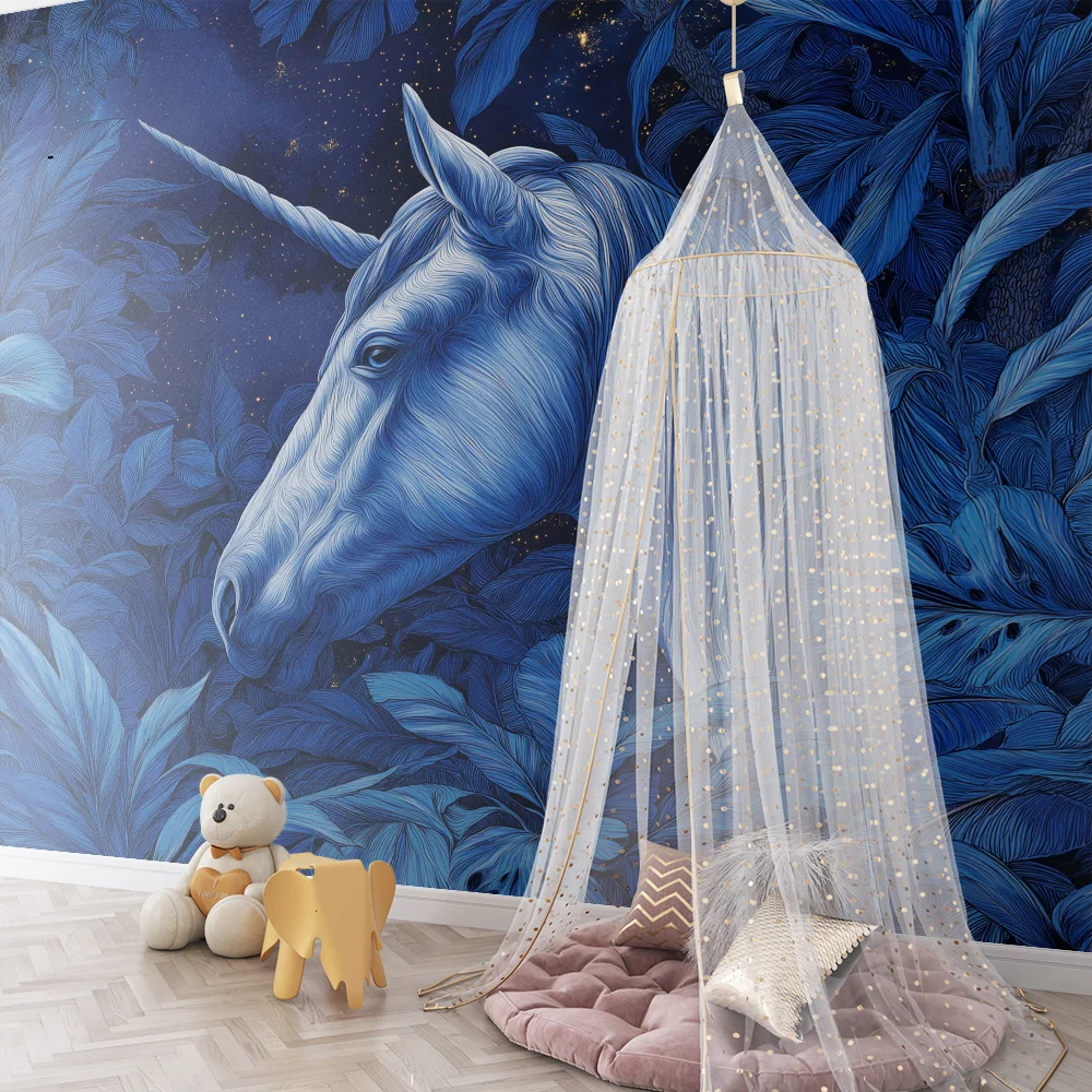 Kids room wallpaper | Majestic unicorn middle starry jungle