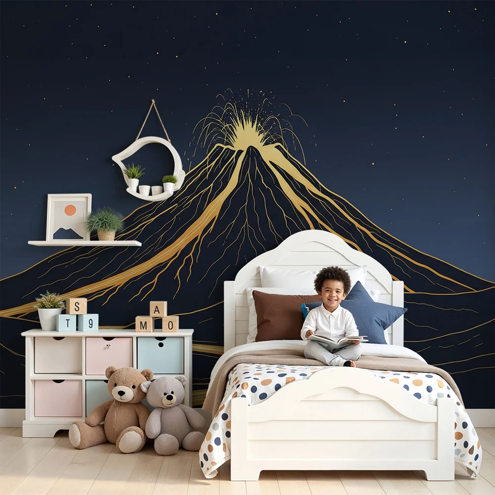 Kids room wallpaper | Majestic volcano under starry sky