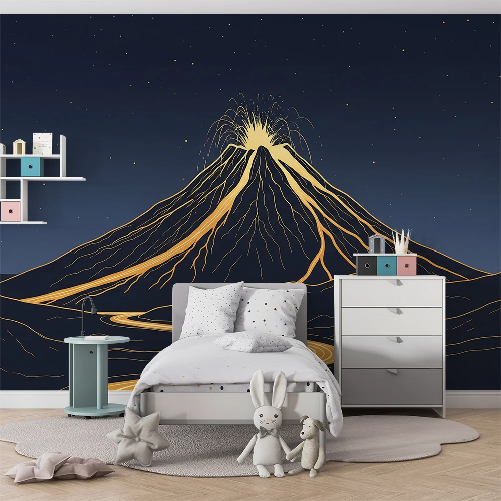 Kids room wallpaper | Majestic volcano under starry sky