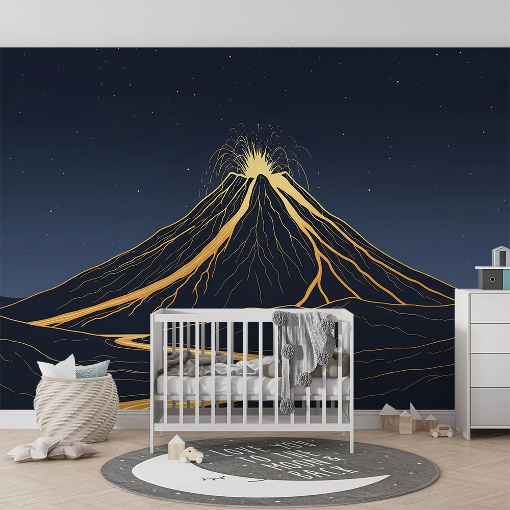 Kids room wallpaper | Majestic volcano under starry sky