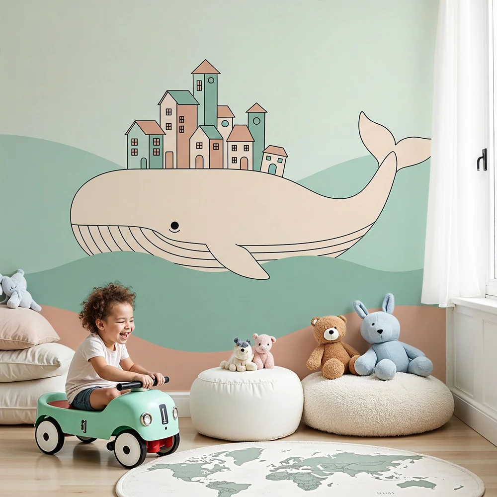 Kids room wallpaper | Majestic whale carrying colorful city