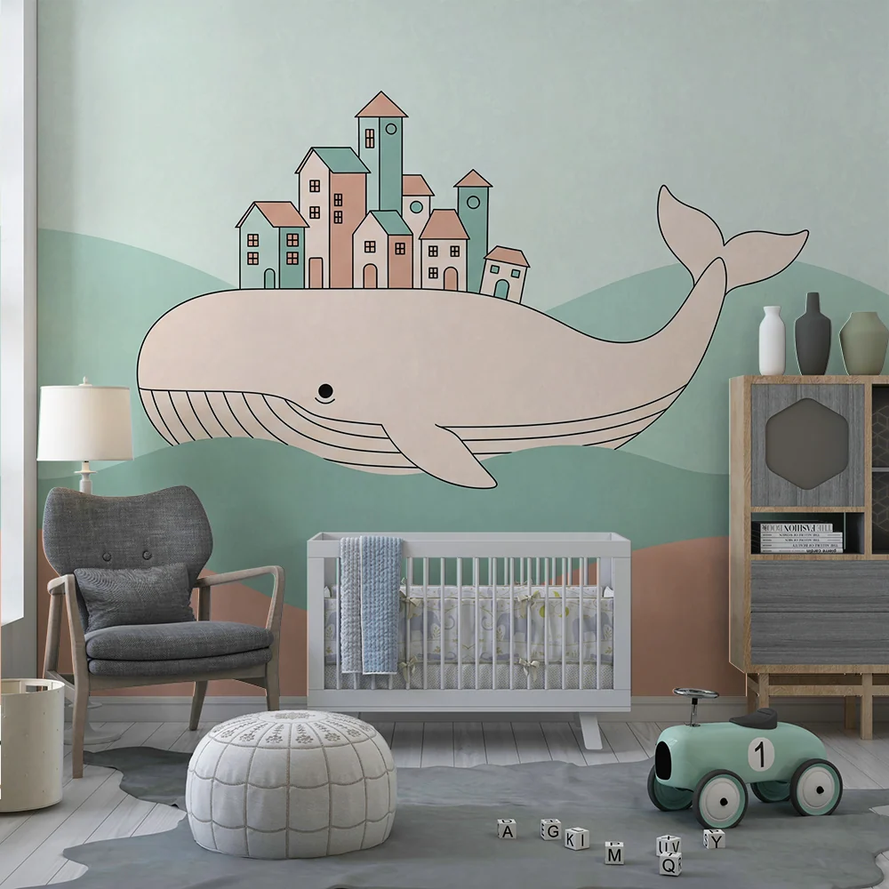 Kids room wallpaper | Majestic whale carrying colorful city