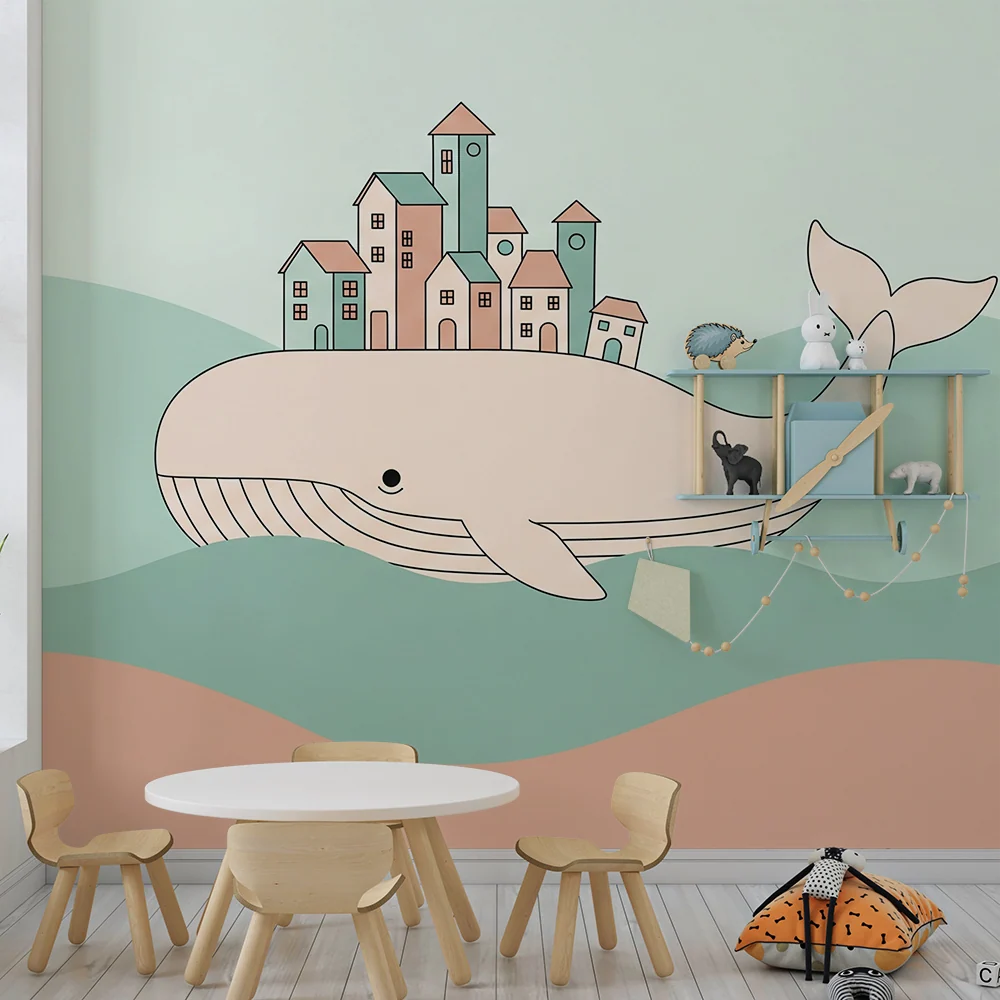 Kids room wallpaper | Majestic whale carrying colorful city