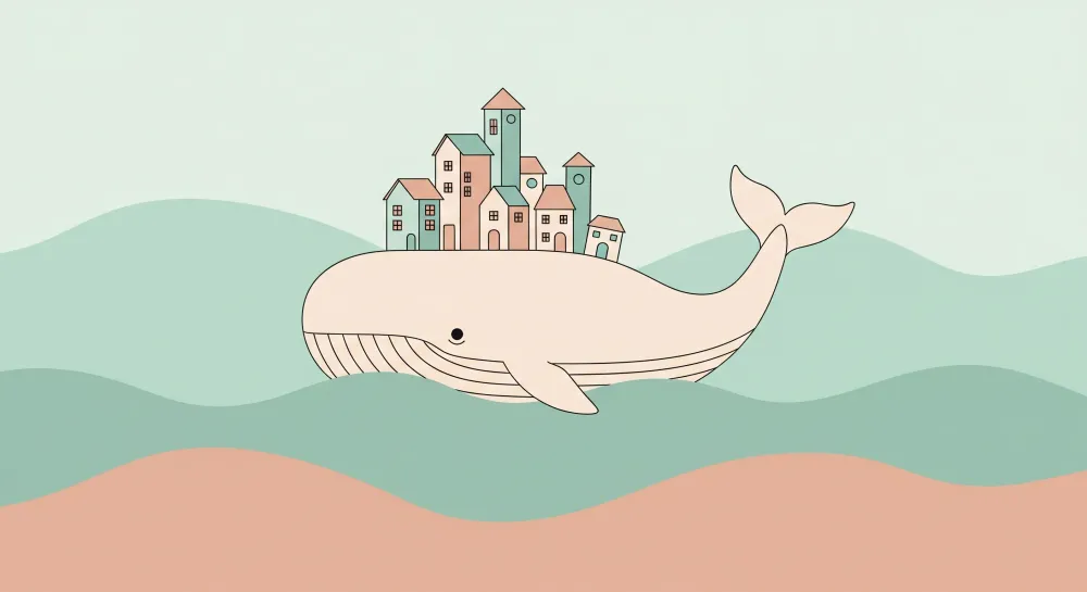 Kids room wallpaper | Majestic whale carrying colorful city