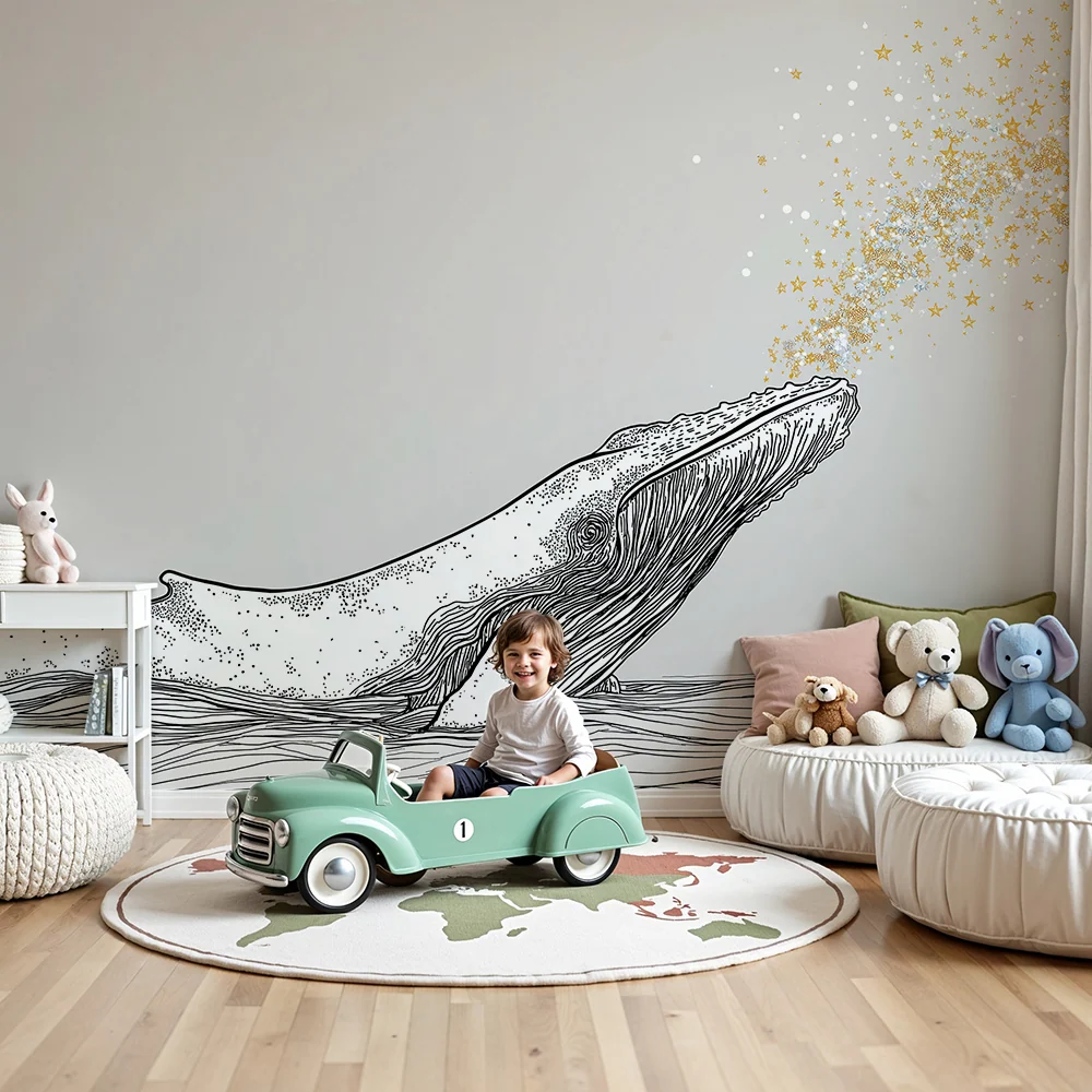 Kids room wallpaper | Majestic whale and sparkling stars