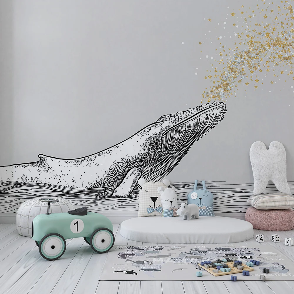 Kids room wallpaper | Majestic whale and sparkling stars