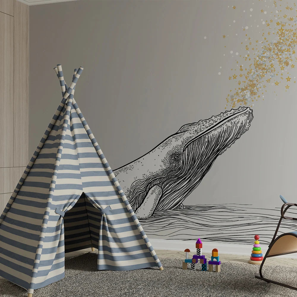 Kids room wallpaper | Majestic whale and sparkling stars