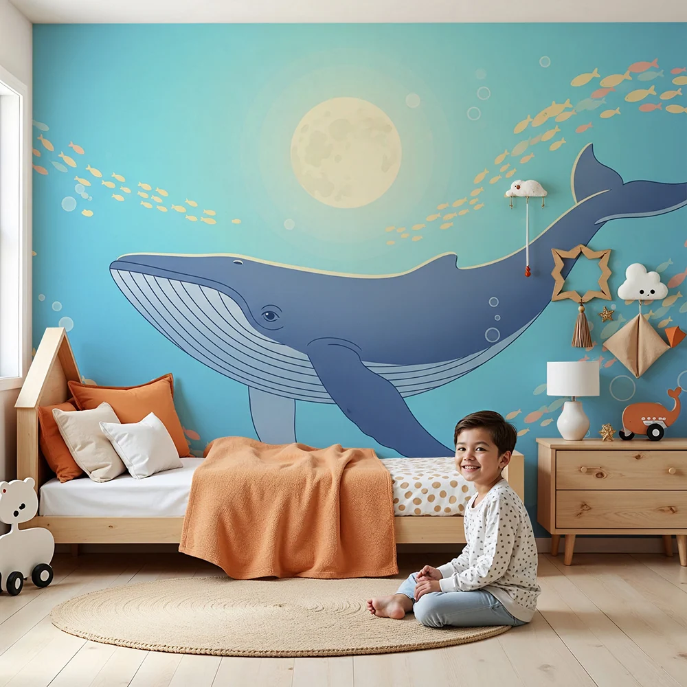 Kids room wallpaper | Majestic whale swimming among colorful fish
