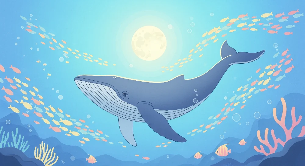 Kids room wallpaper | Majestic whale swimming among colorful fish