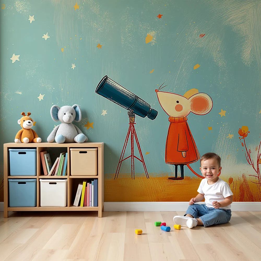 Kids room wallpaper | Malá zvědavá myš pozorující hvězdy dalekohledem