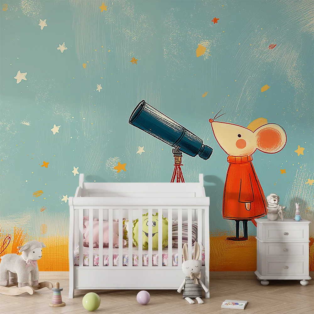 Kids room wallpaper | Malá zvědavá myš pozorující hvězdy dalekohledem