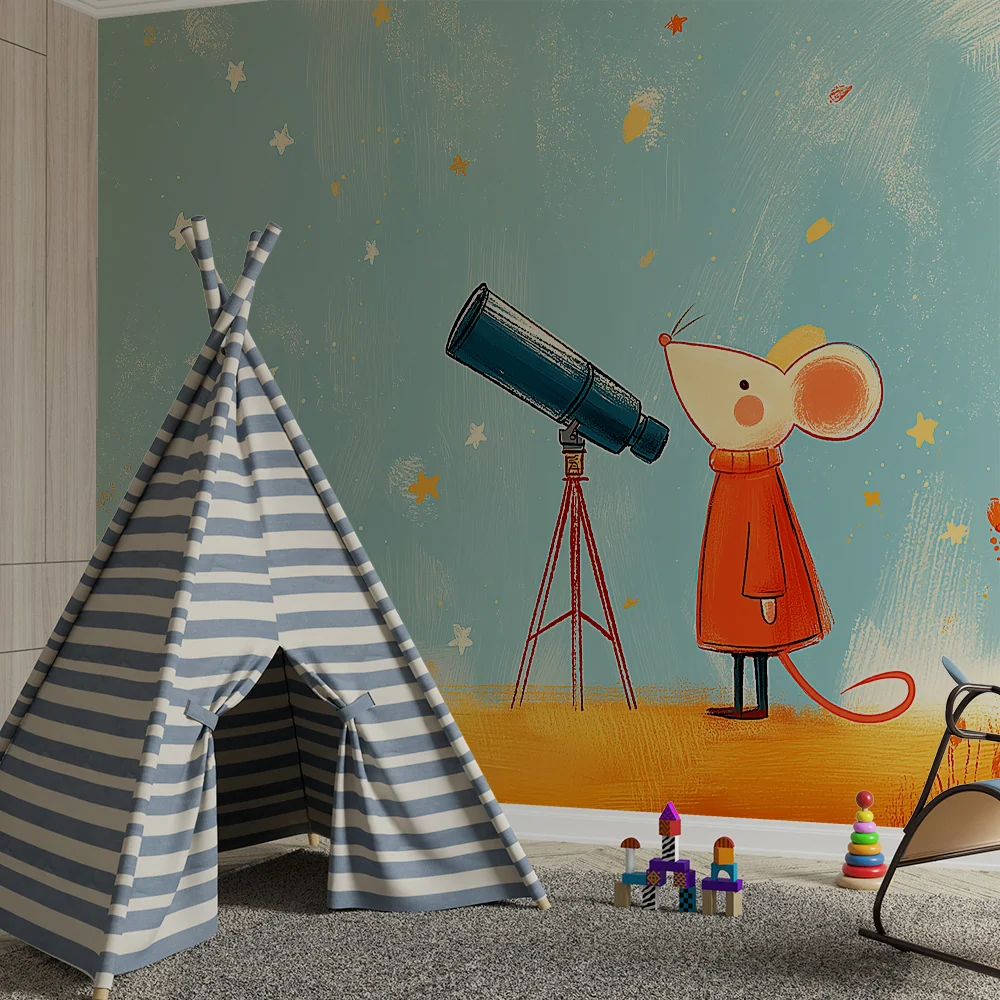 Kids room wallpaper | Malá zvědavá myš pozorující hvězdy dalekohledem