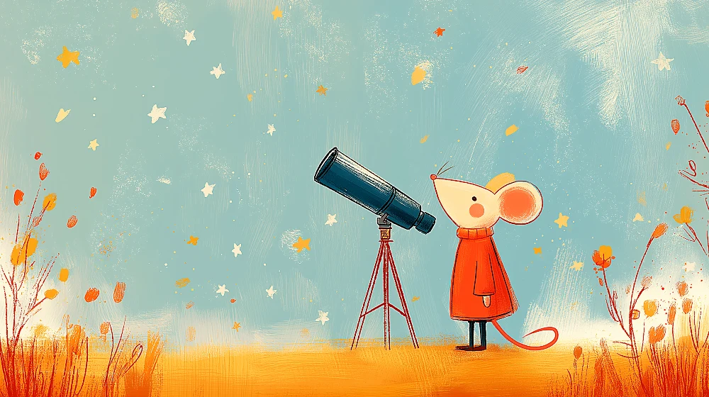 Kids room wallpaper | Malá zvědavá myš pozorující hvězdy dalekohledem