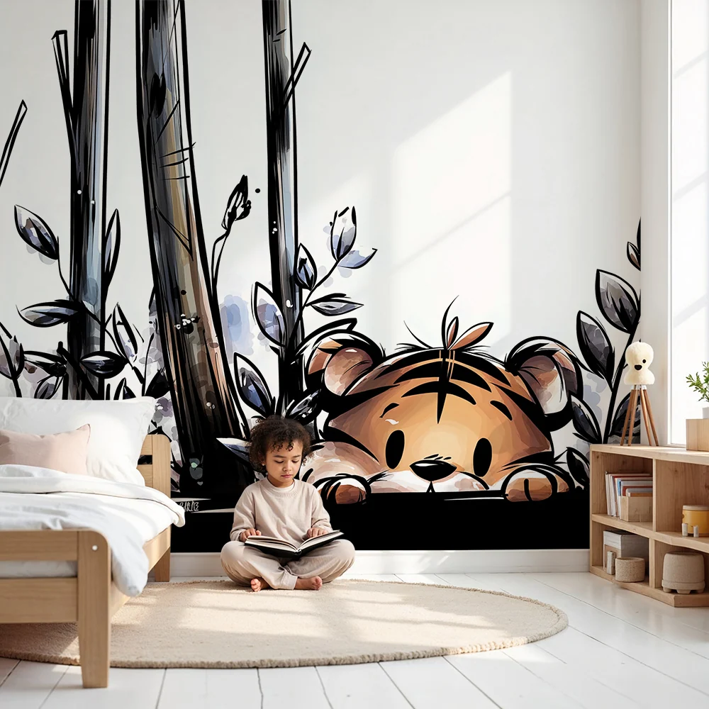 Kids room wallpaper | Malý zvědavý tygr skrytý mezi listím