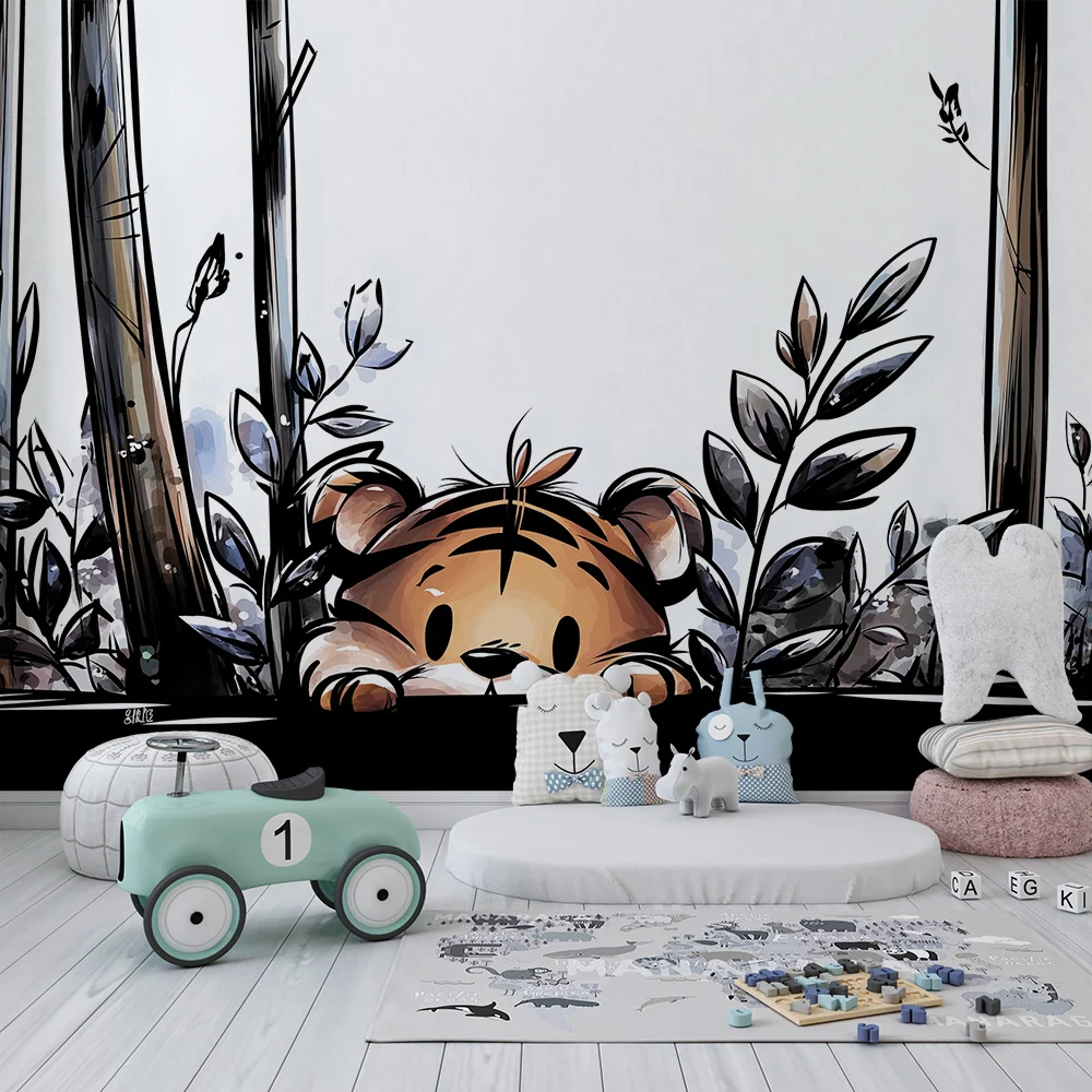 Kids room wallpaper | Malý zvědavý tygr skrytý mezi listím