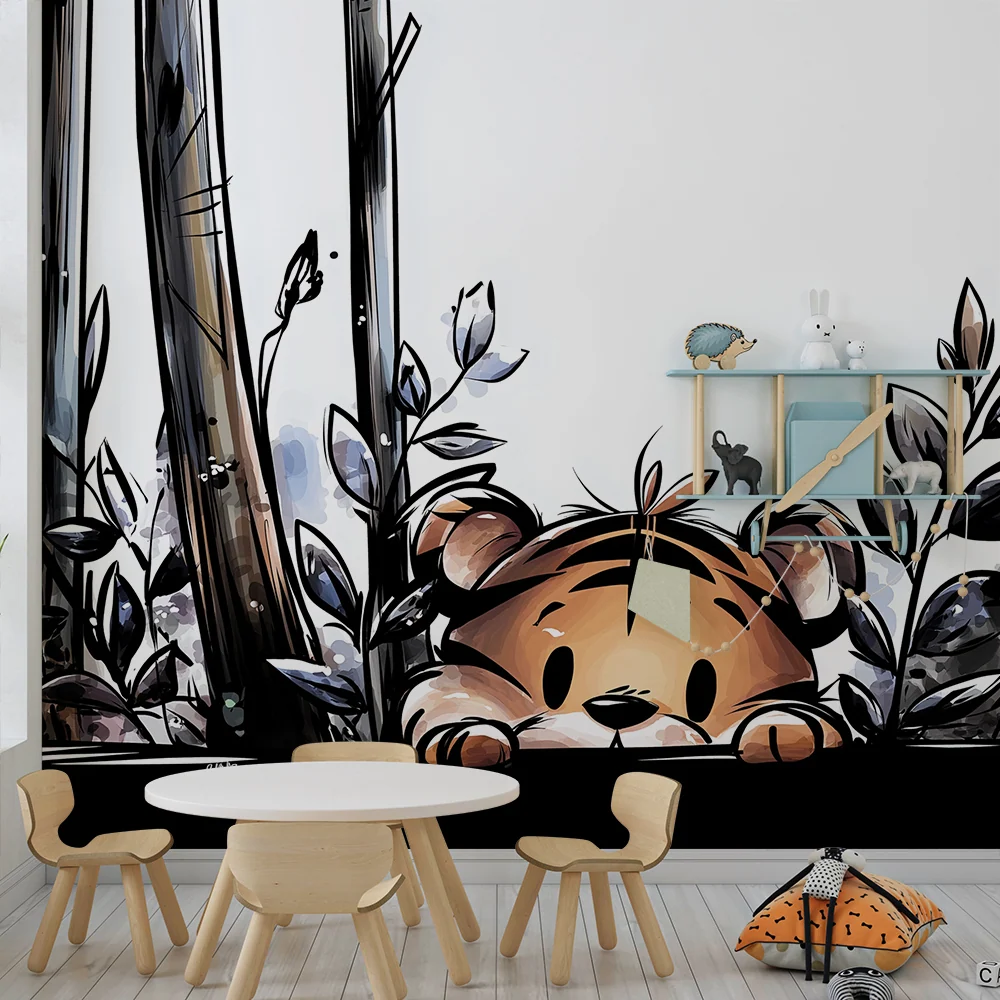 Kids room wallpaper | Malý zvědavý tygr skrytý mezi listím