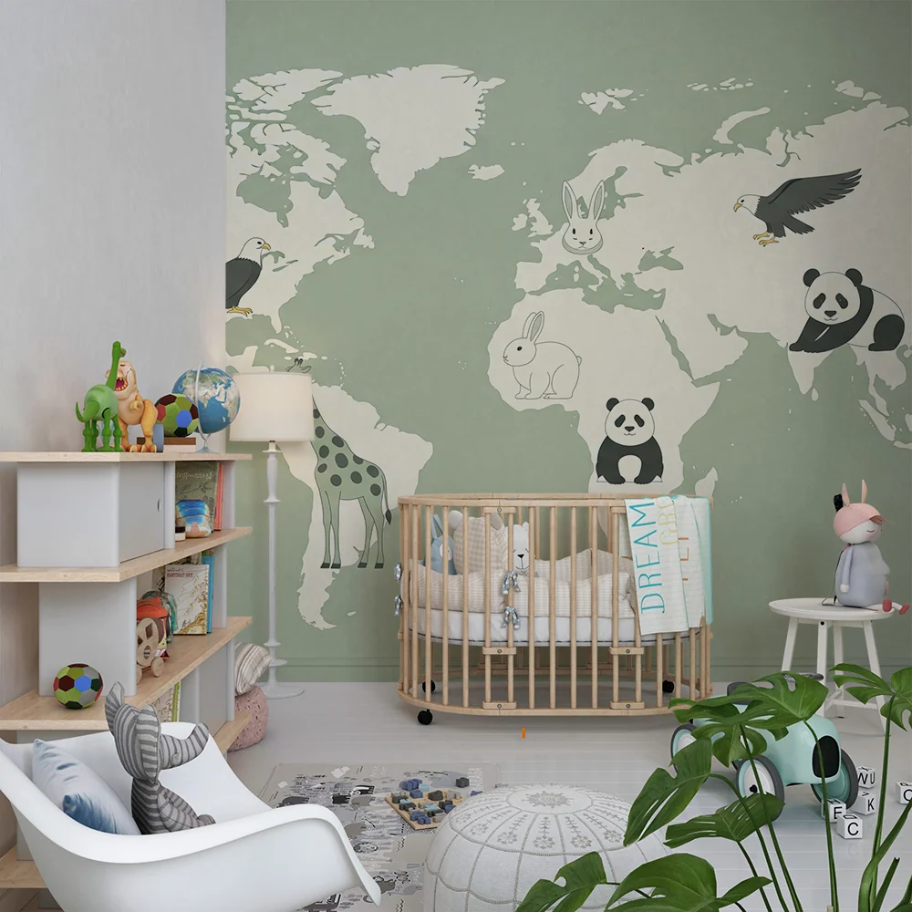 Kids room wallpaper | Mapa světa v odstínu šalvěje