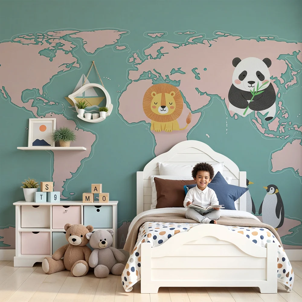 Kids room wallpaper | Mapa světa s roztomilými zvířaty lodí