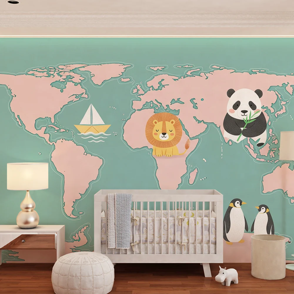 Kids room wallpaper | Mapa světa s roztomilými zvířaty lodí