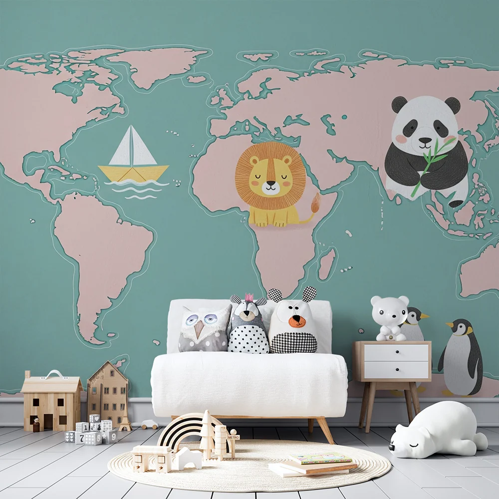Kids room wallpaper | Mapa světa s roztomilými zvířaty lodí