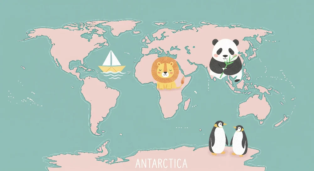 Kids room wallpaper | Mapa světa s roztomilými zvířaty lodí