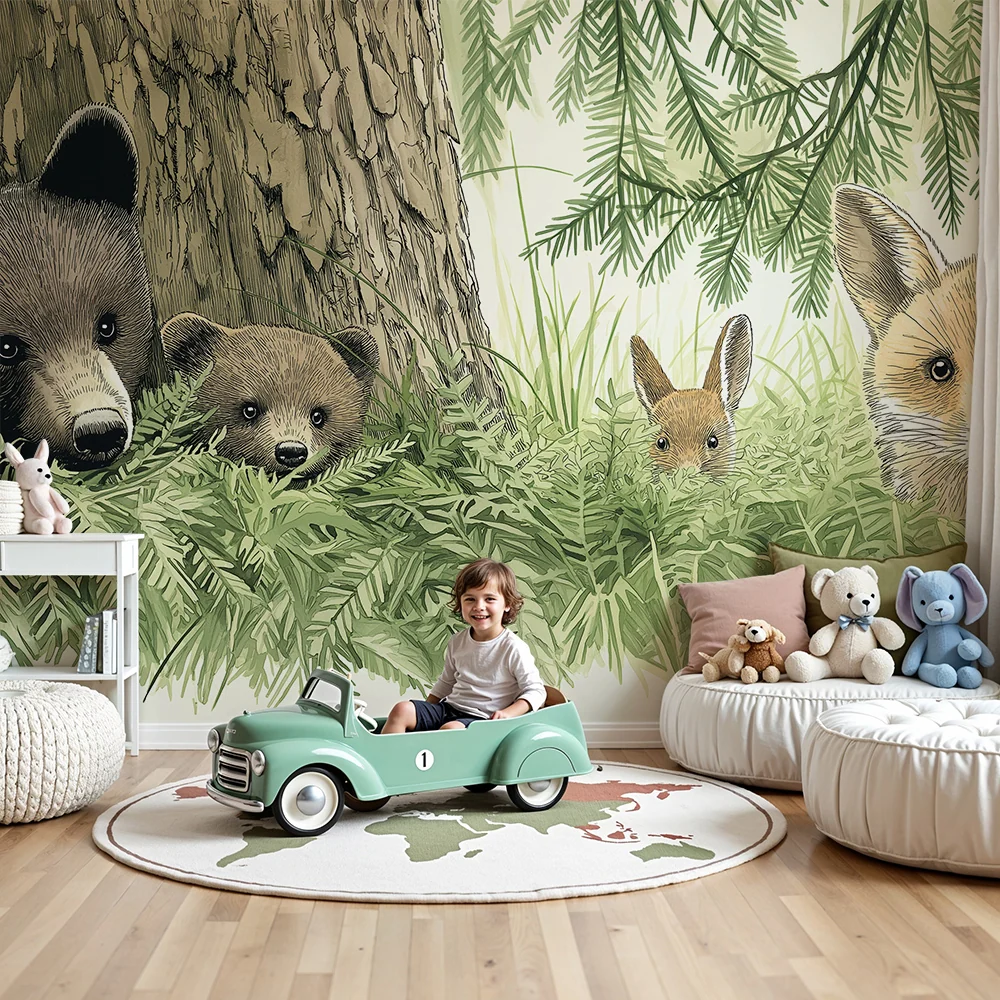 Kids room wallpaper | Medvěd liška v zeleném lese