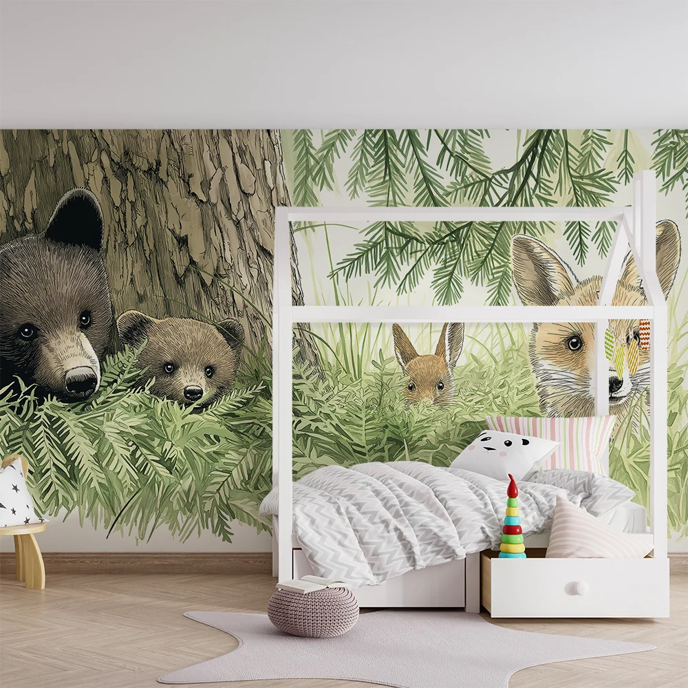 Kids room wallpaper | Medvěd liška v zeleném lese