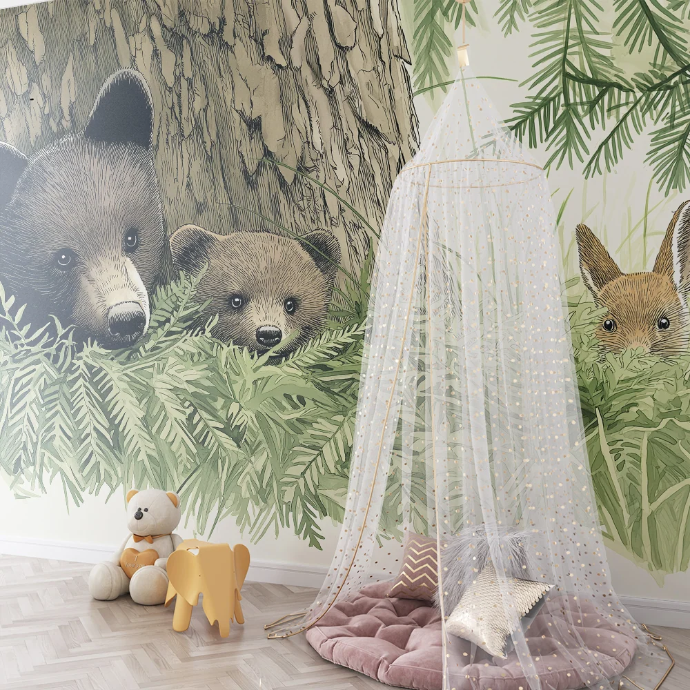 Kids room wallpaper | Medvěd liška v zeleném lese