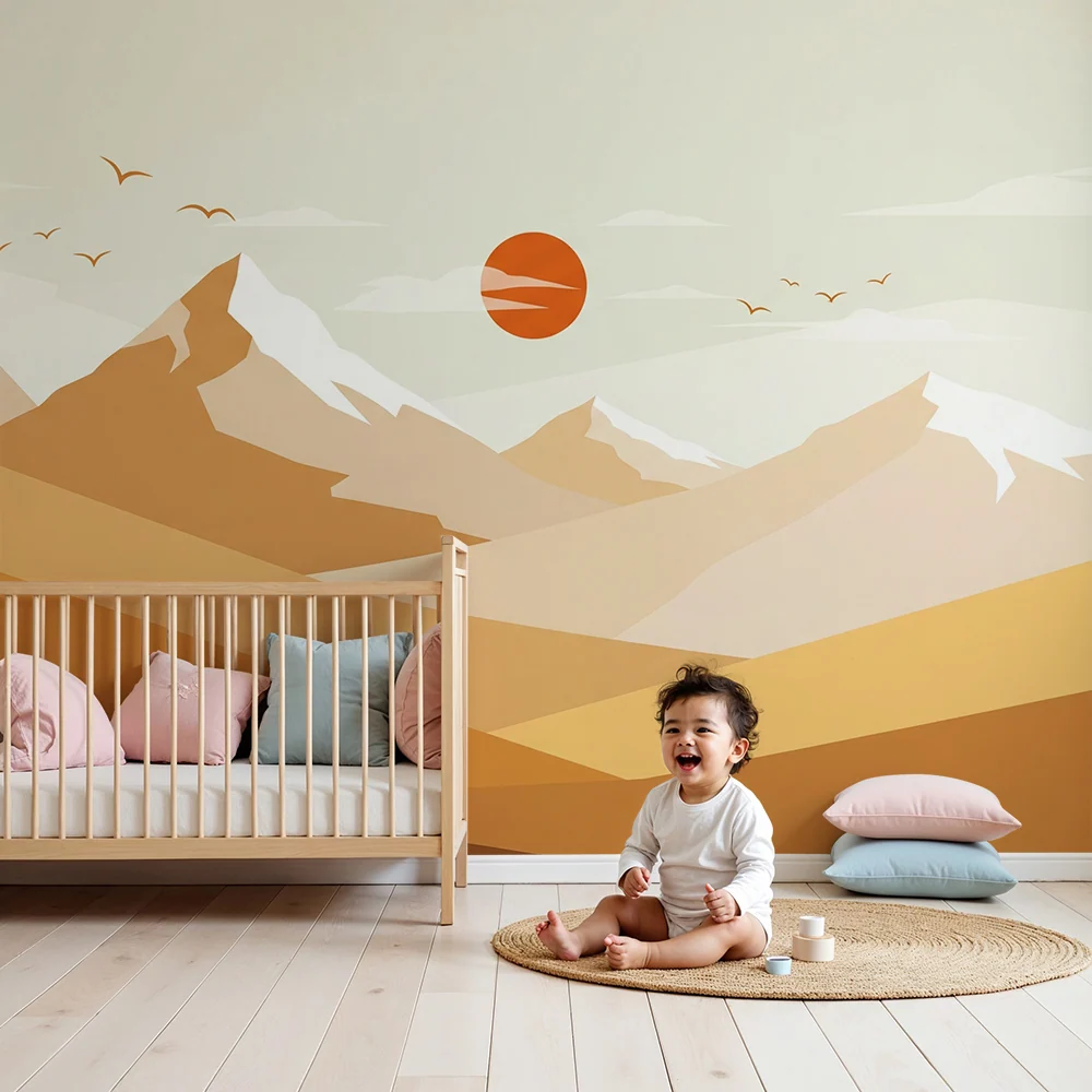 Kids room wallpaper | Minimalist mountain landscape sunset