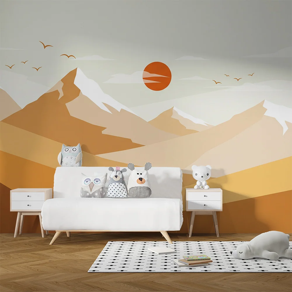Kids room wallpaper | Minimalist mountain landscape sunset