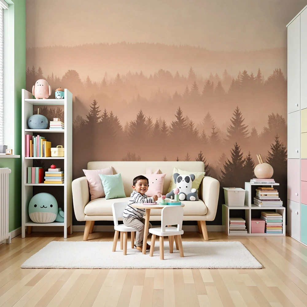 Kids room wallpaper | Mlžný les při východu slunce v teplých tónech