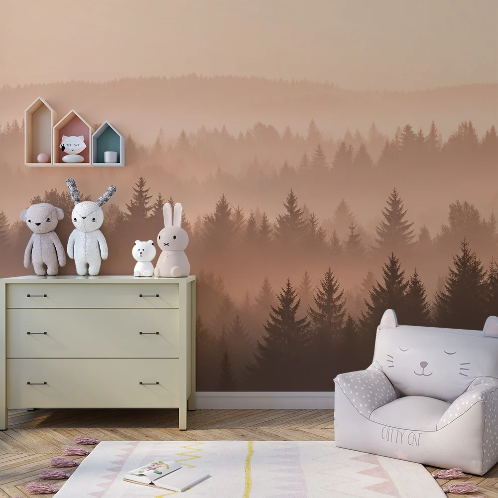 Kids room wallpaper | Mlžný les při východu slunce v teplých tónech