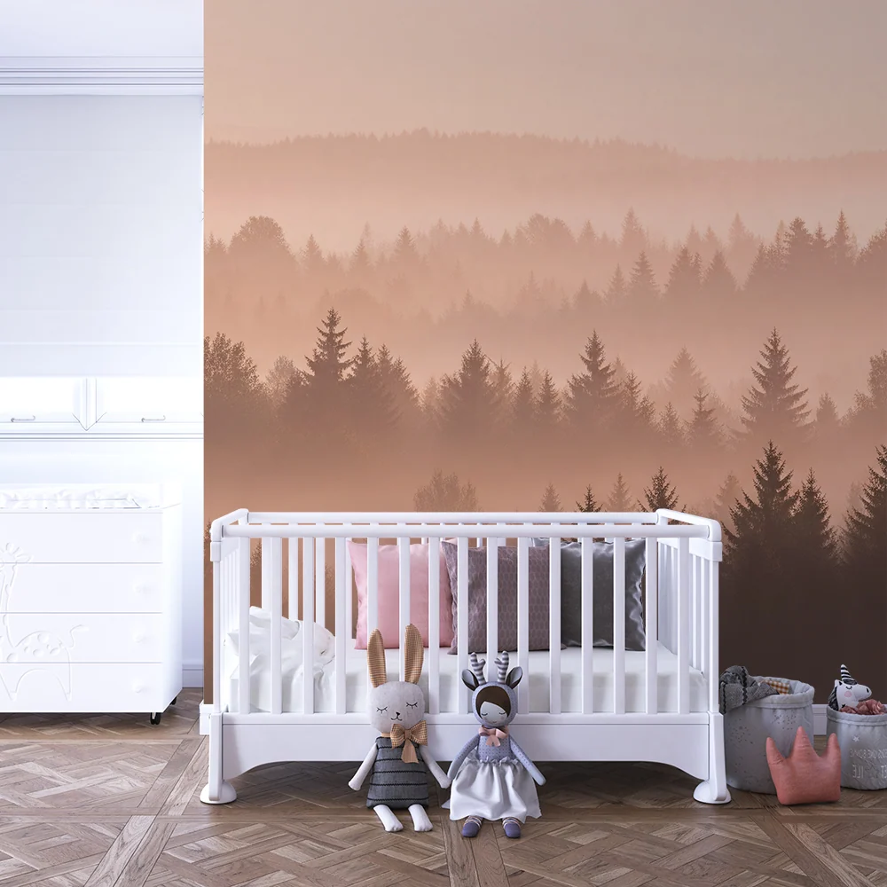Kids room wallpaper | Mlžný les při východu slunce v teplých tónech