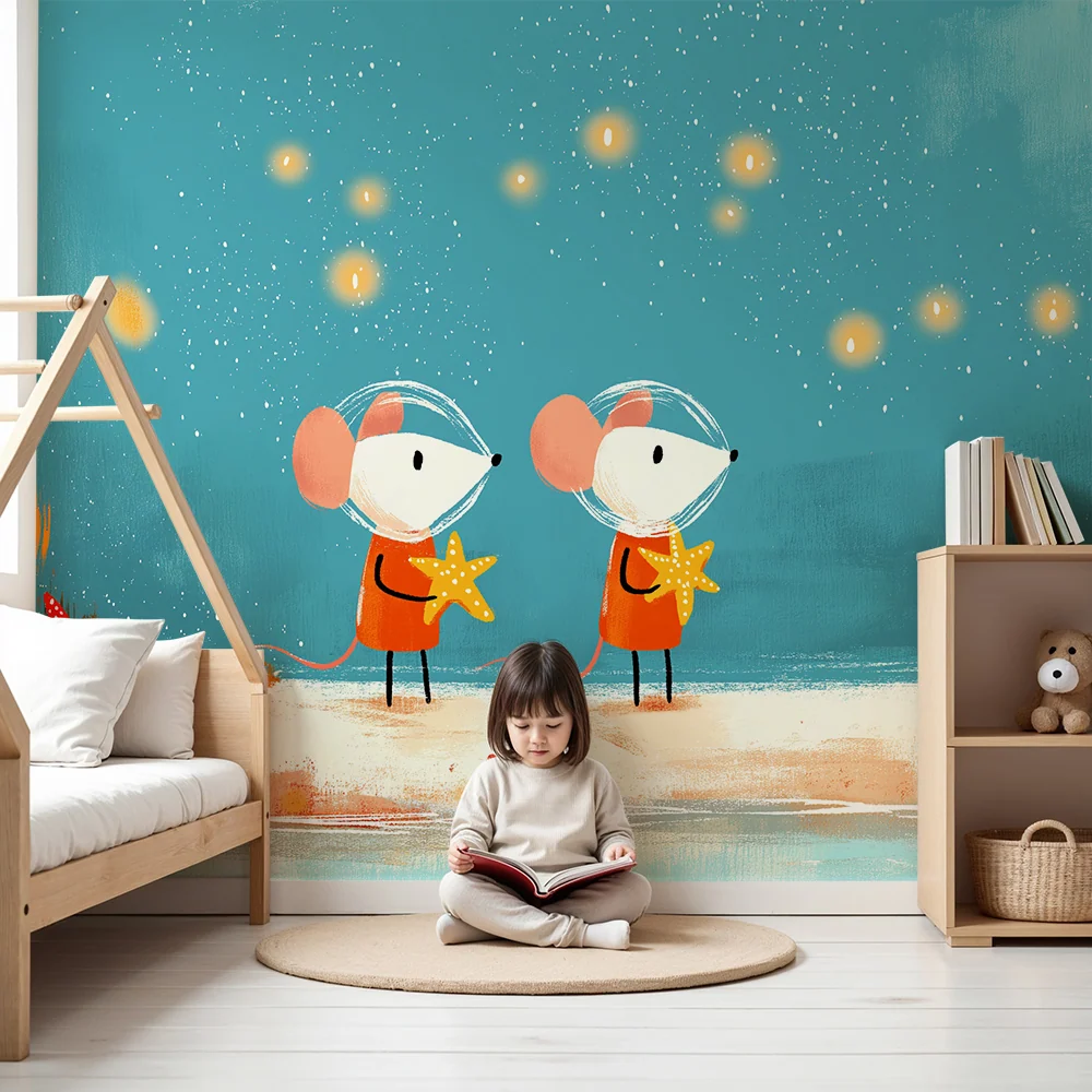 Kids room wallpaper | Mouse astronauts and starfish under starry sky