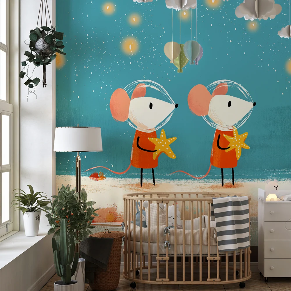 Kids room wallpaper | Mouse astronauts and starfish under starry sky