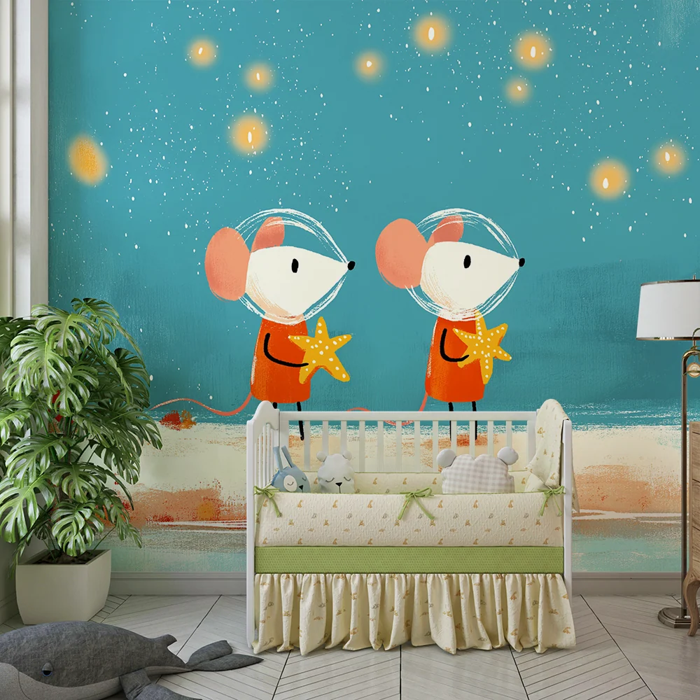 Kids room wallpaper | Mouse astronauts and starfish under starry sky