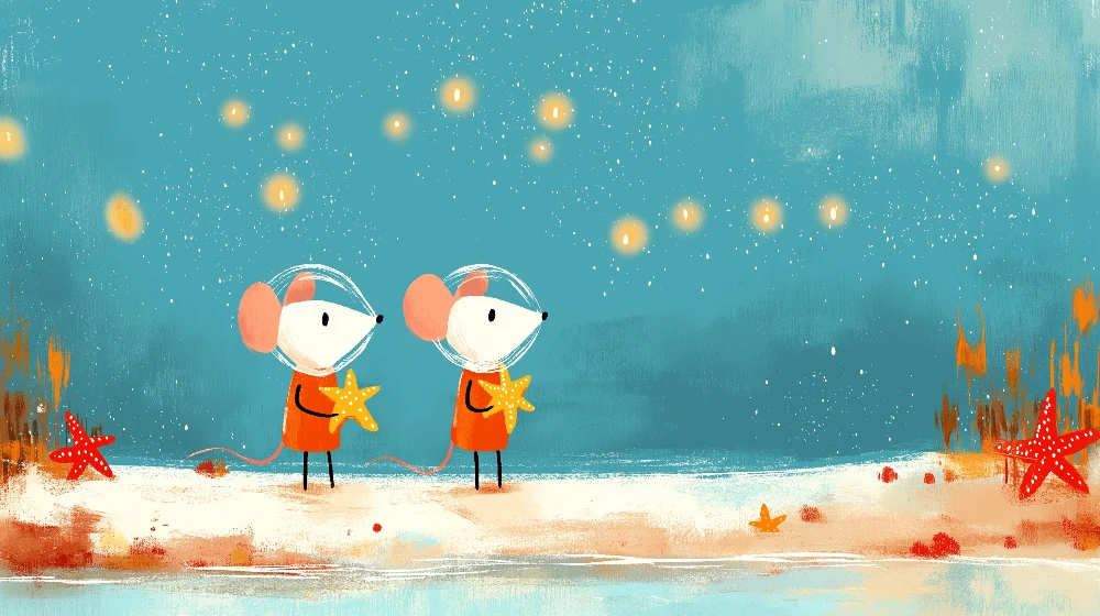 Kids room wallpaper | Mouse astronauts and starfish under starry sky