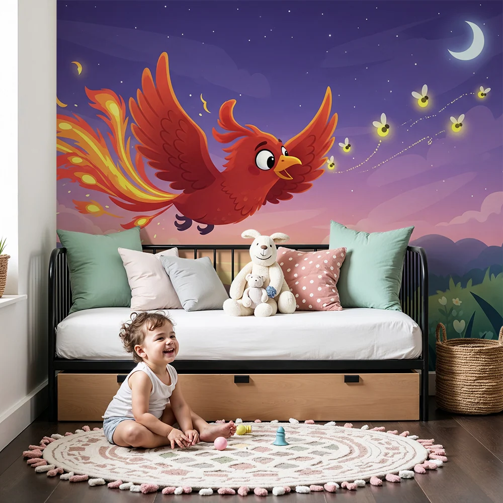 Kids room wallpaper | Ohnivý pták na hvězdné obloze s broučky