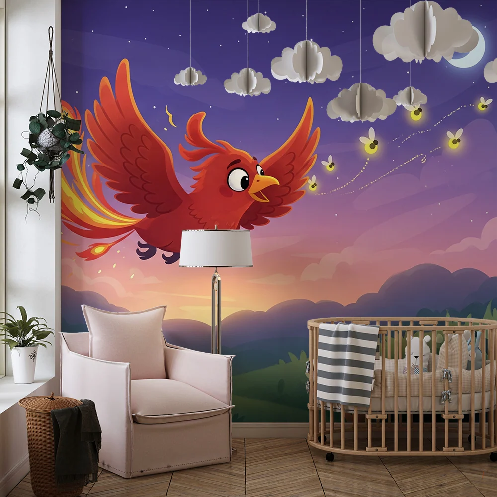 Kids room wallpaper | Ohnivý pták na hvězdné obloze s broučky