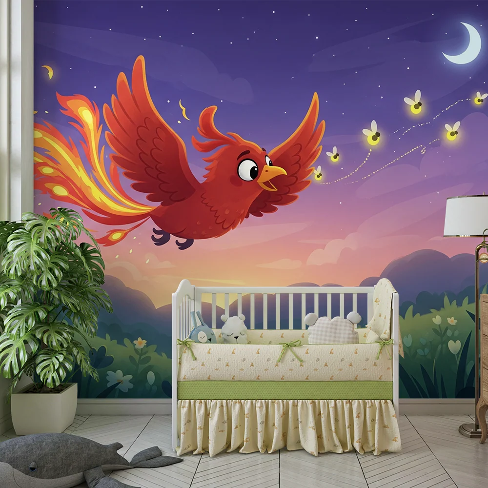 Kids room wallpaper | Ohnivý pták na hvězdné obloze s broučky