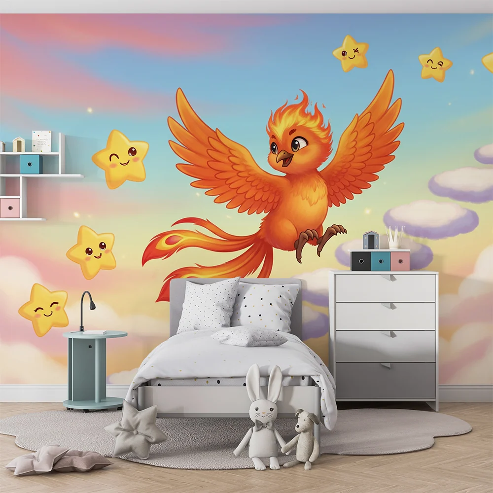 Kids room wallpaper | Oiseau de feu volant parmi les étoiles souriantes
