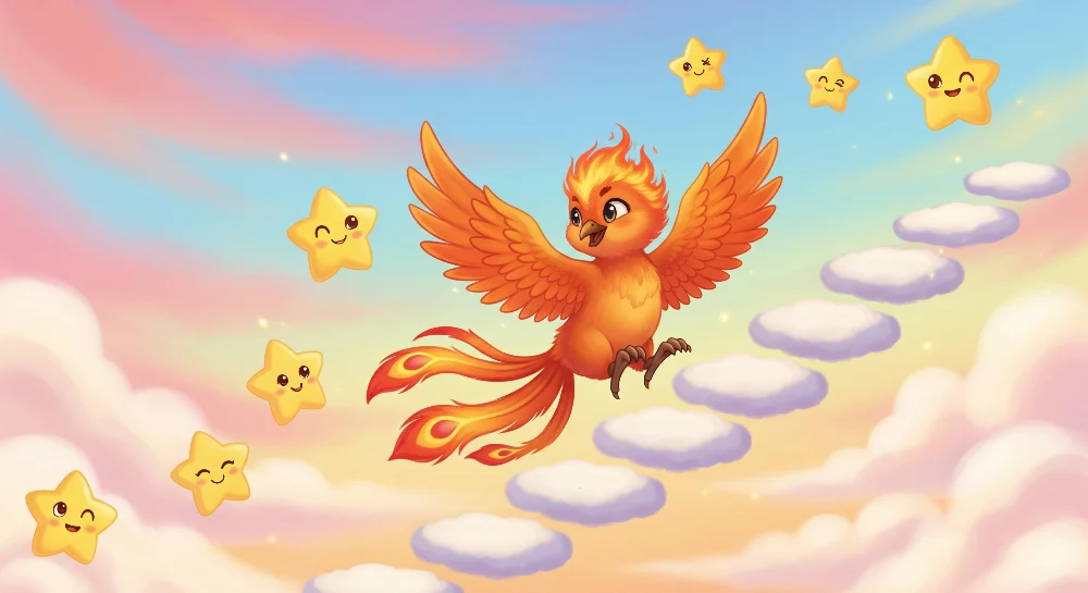 Kids room wallpaper | Oiseau de feu volant parmi les étoiles souriantes