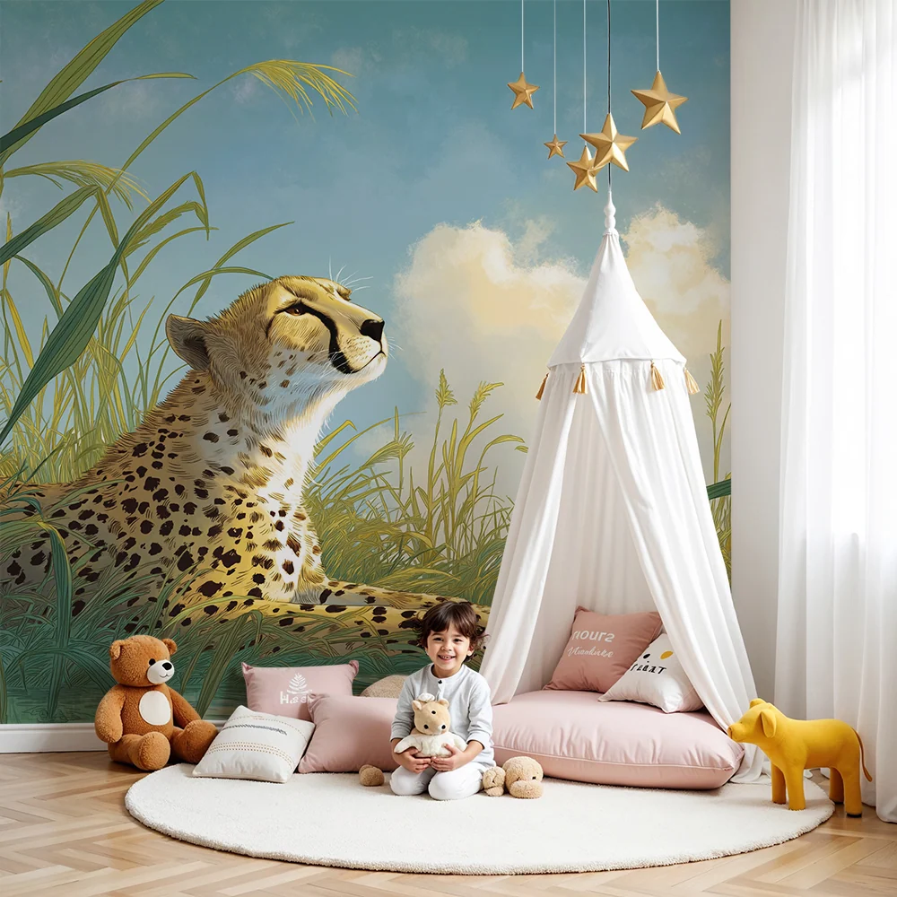 Kids room wallpaper | Peaceful leopard green savannah