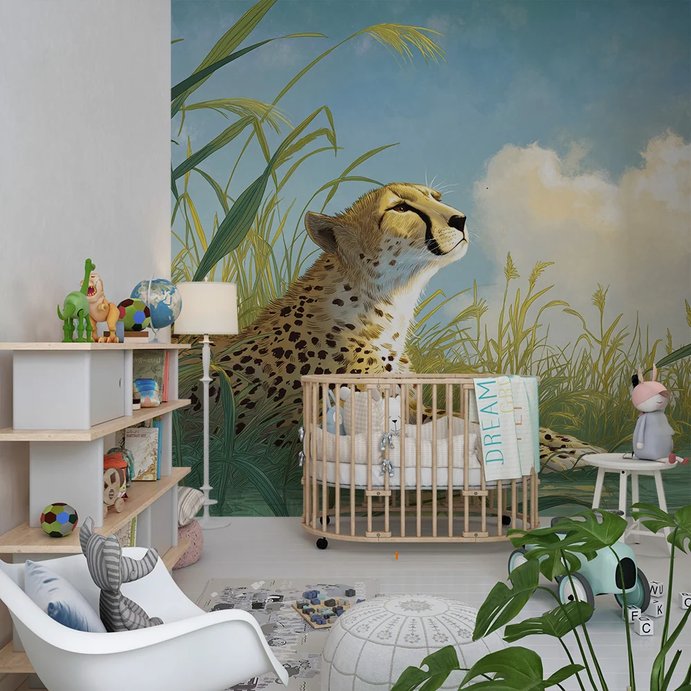 Kids room wallpaper | Peaceful leopard green savannah