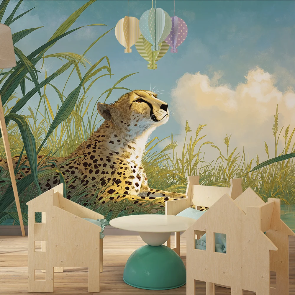 Kids room wallpaper | Peaceful leopard green savannah